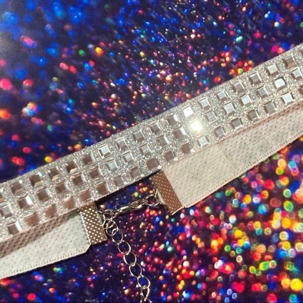 Triple Square Mega Bling Y2K Fabric Choker Necklace Silver with Shine Grommets